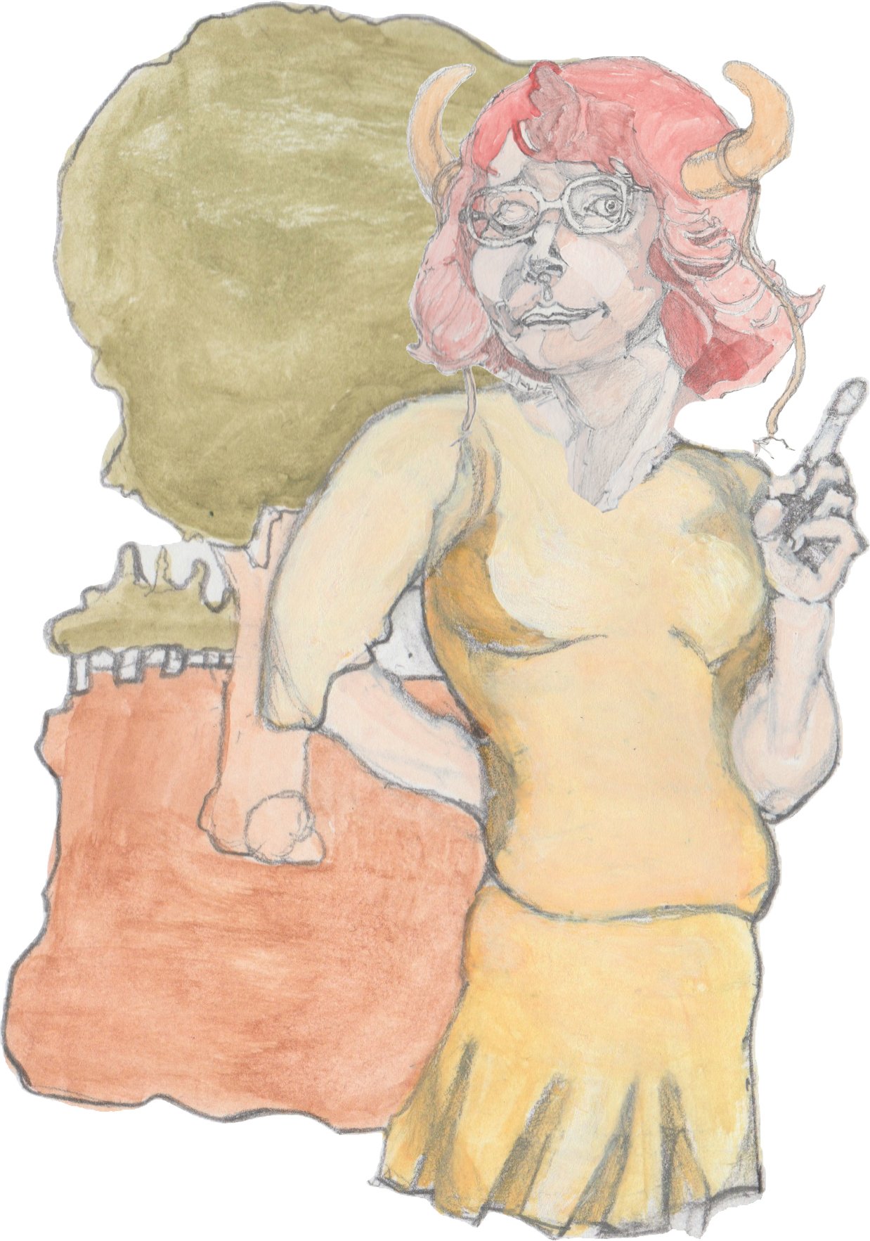 Angrboda with one hand on hip and the other pointing up with a tree behind her and forest further behind.