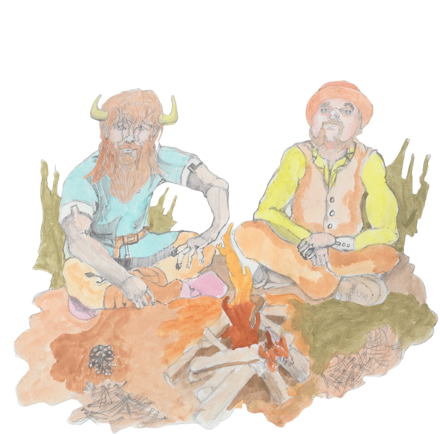 Bjorn and Hulton sitting by a campfire.