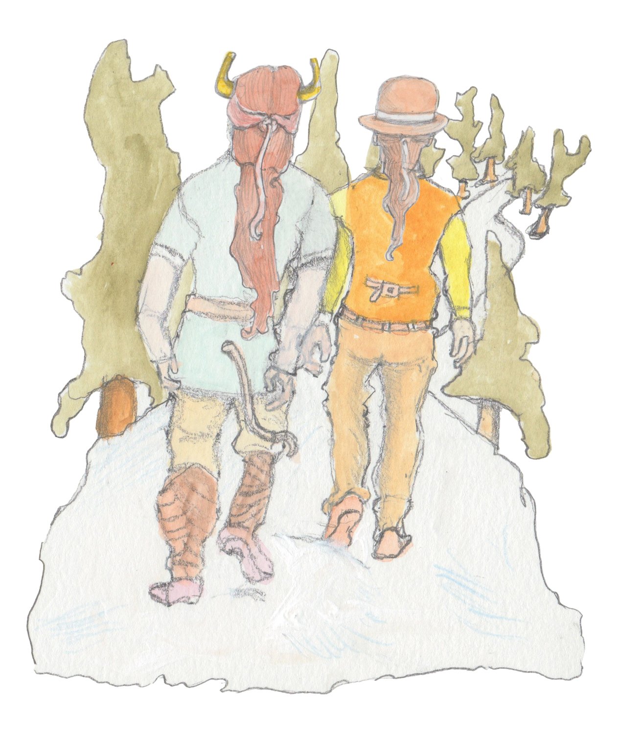 Hulton and Bjorn seen from behind walking down the West side of Halfmoon Hill.