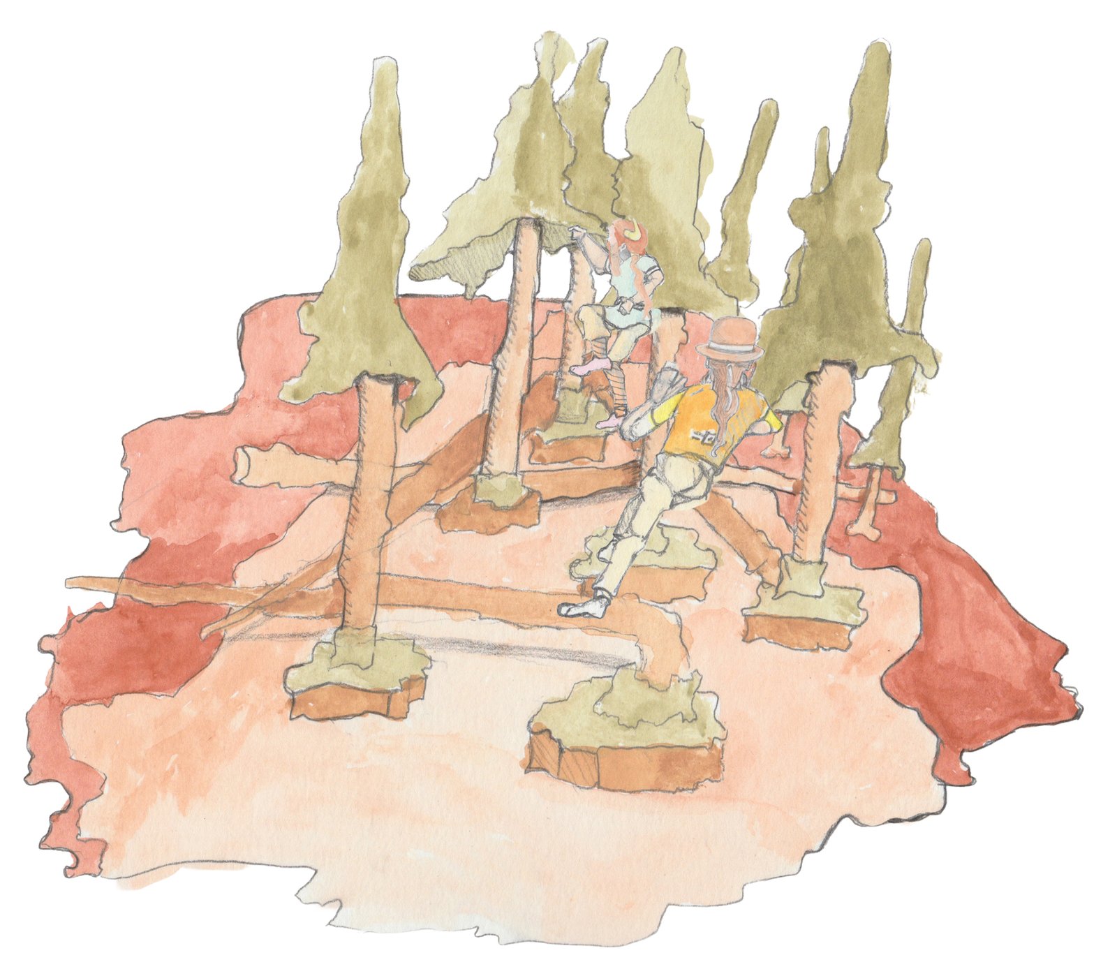 Hulton and Bjorn crossing dead cedar tress through swamp and having fun!