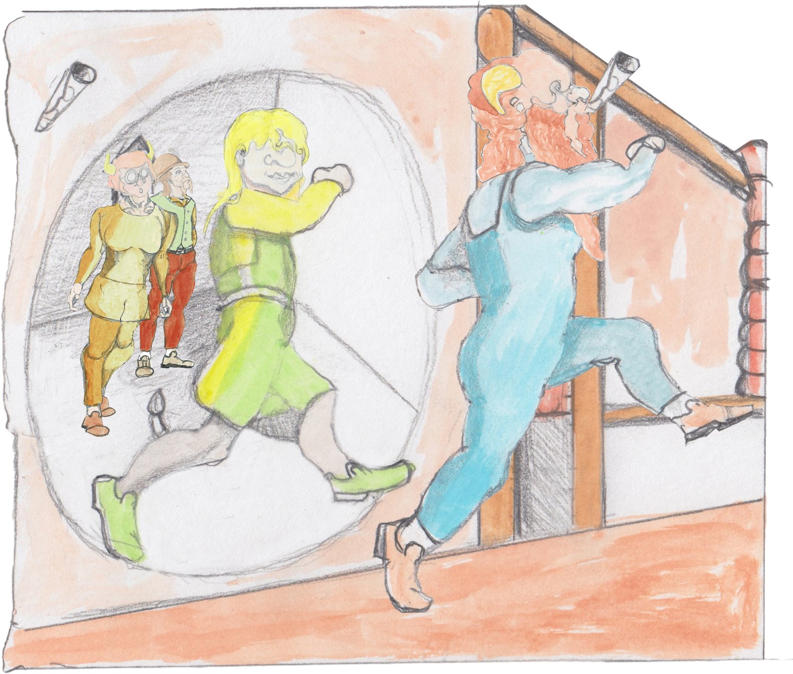 Helgi chaing Gramp out of the houe with a cookie in his mouth.