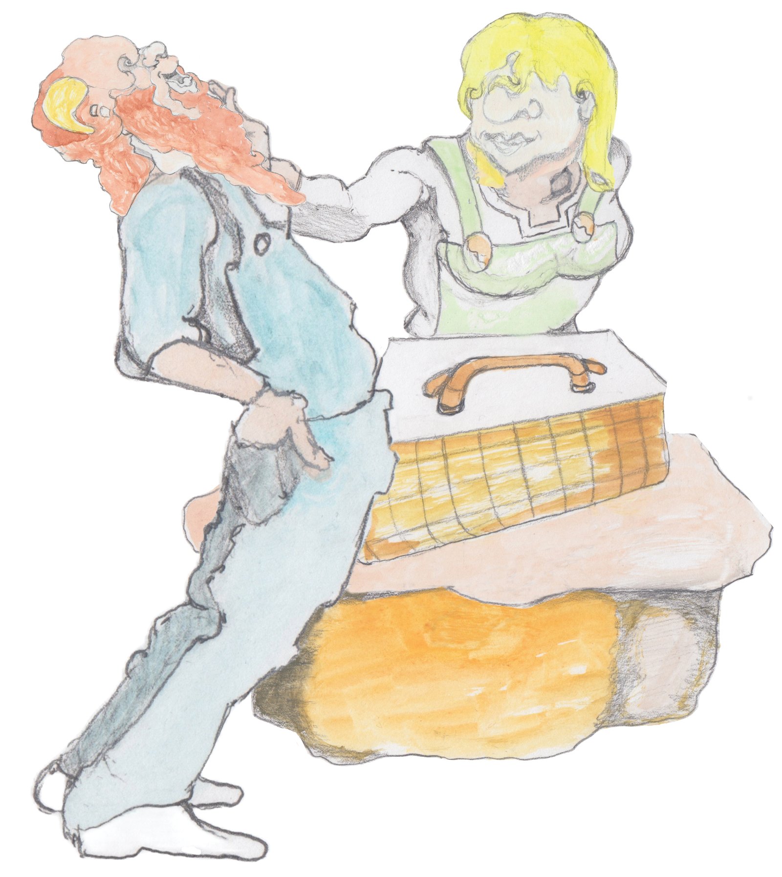 Helgi slapping Gramps over picnic basket.