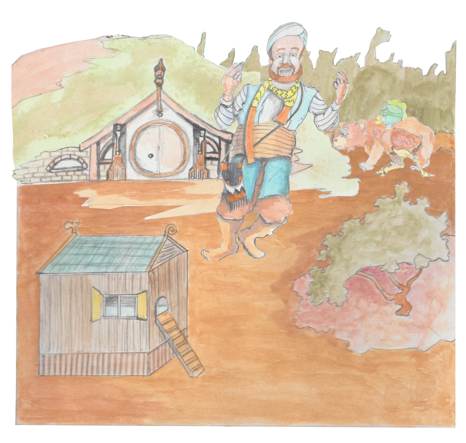 The Mullah entering Trollheim in front of Bjorn' house built into the hill with Gast and Boco walking behind him and chicken coop in front.