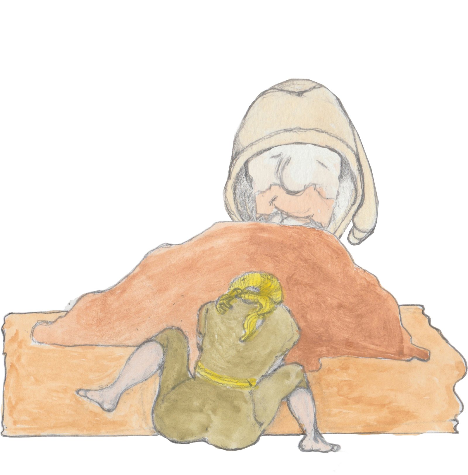 Karl' head rising behind hill inducing labor in a cared woman.