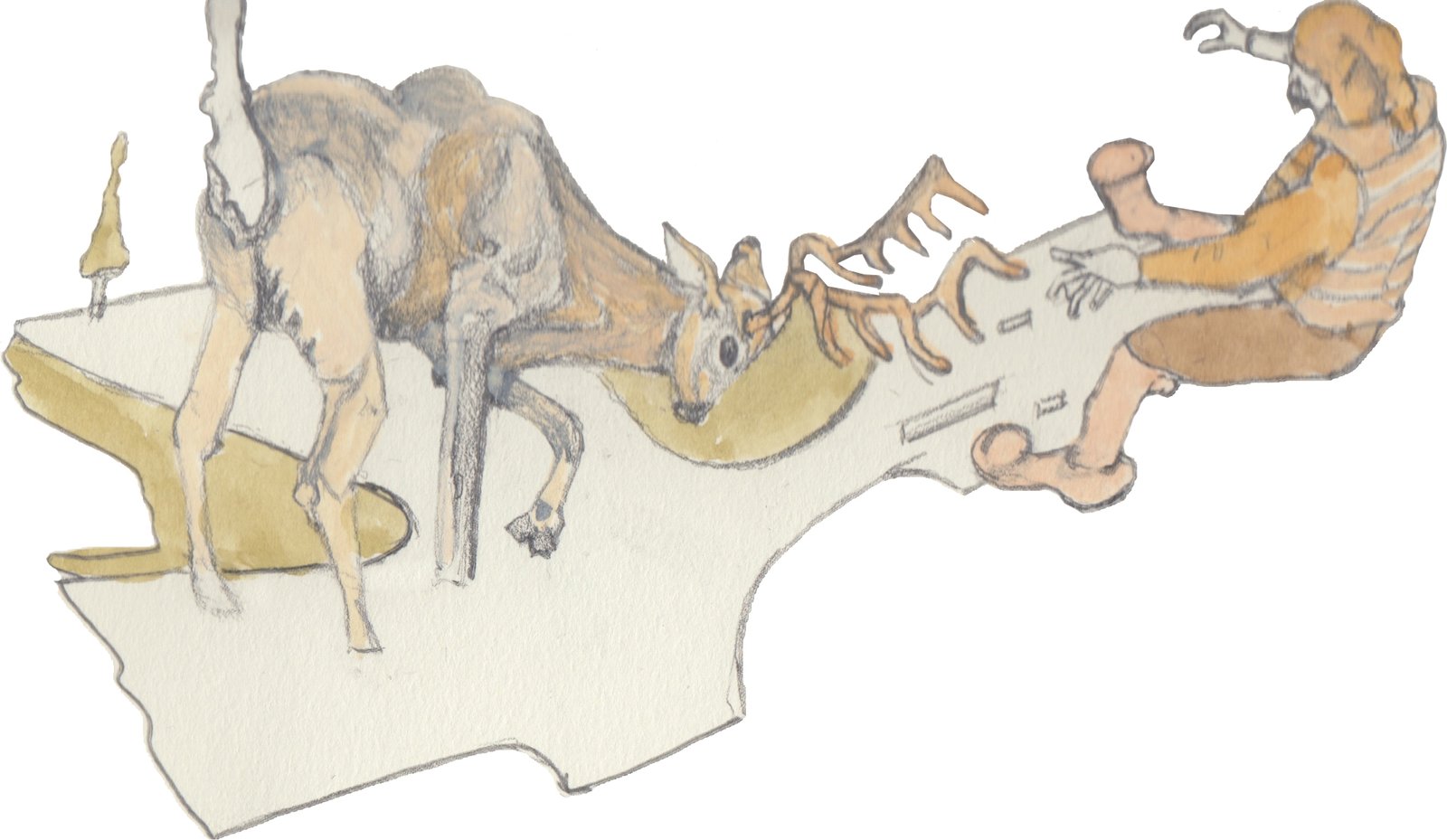 Nobbi butting Karl into the air with hi antlers on the crossroads.