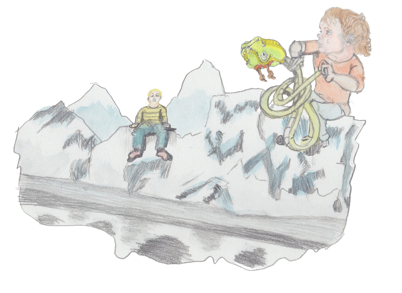 Troll boys sitting on Mt Everest with their feet dangling to the bottom tying knots out of the serpent..