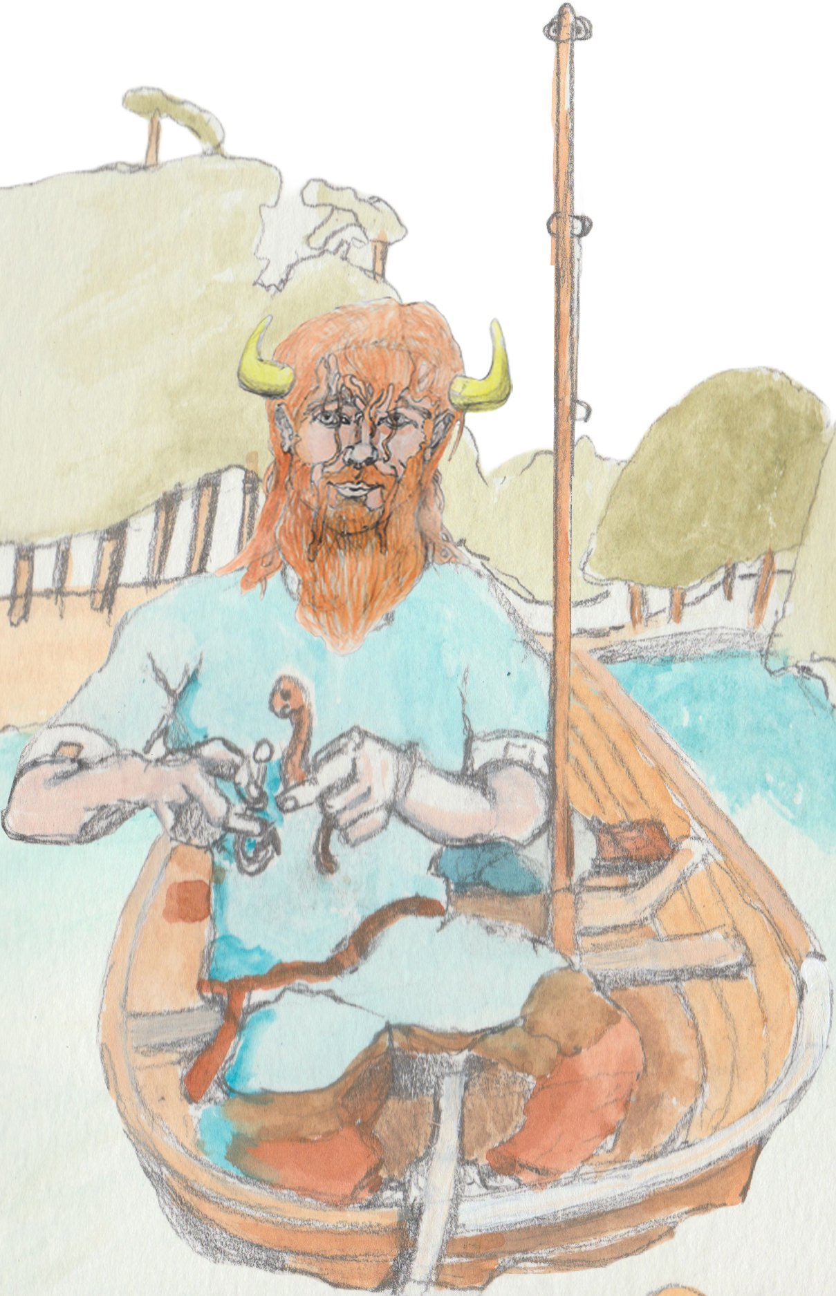 Bjorn putting a worm on his line in his boat.