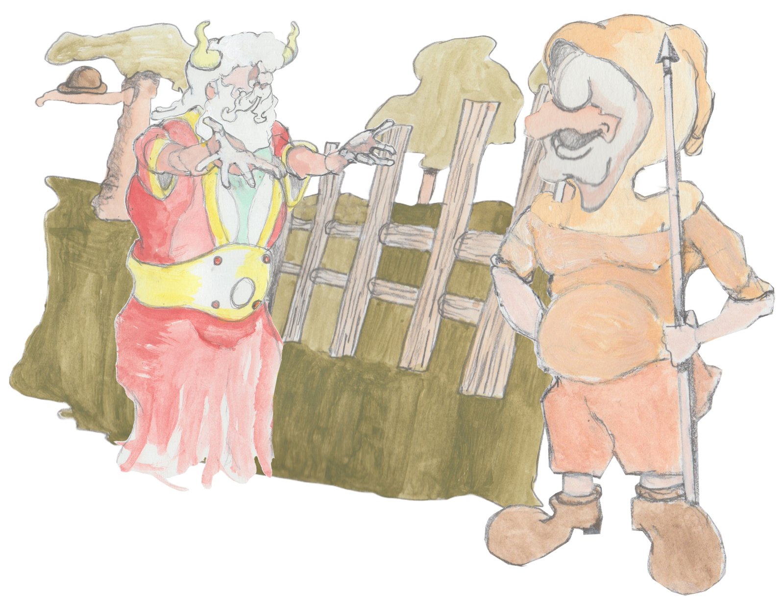 Olaf asking Karl a question next to a fence with trees around them.