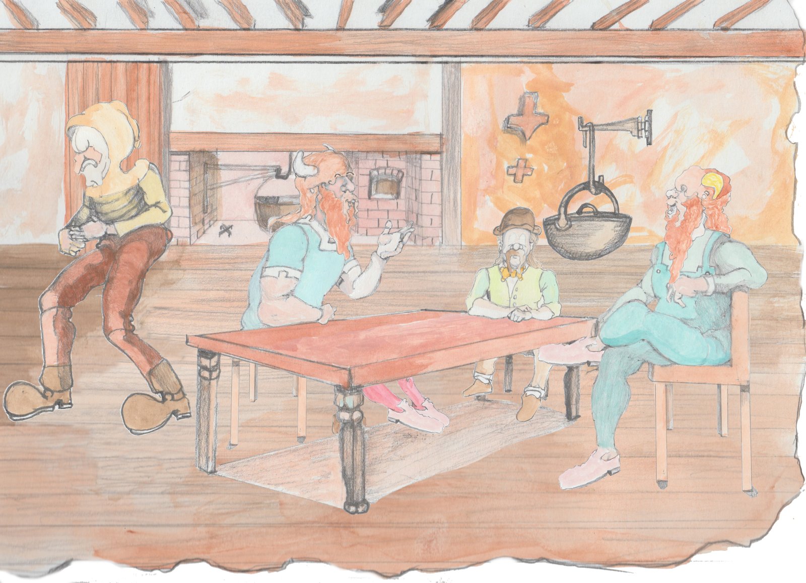 Karl sneaking away from Bjorn, Hulton, and Gramps at Kitchen table with cauldron in frieplace behind them.
