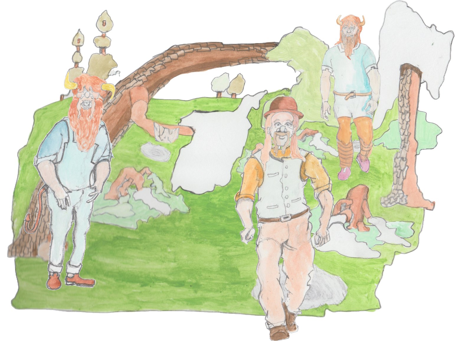 Gramps, Hulton, and Bjorn walking through the garden in Trollheim with Bonai Lenape trees.