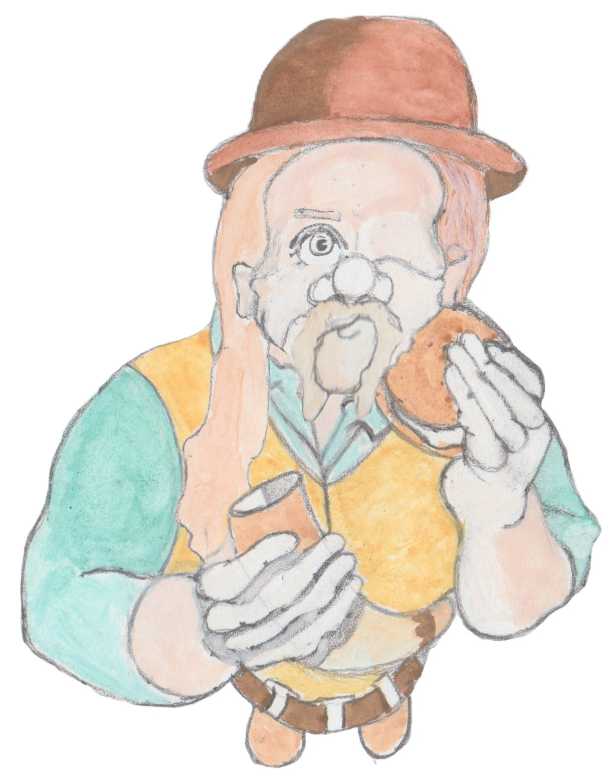 Hulton eating a sandwich and drinking mead out of horn.