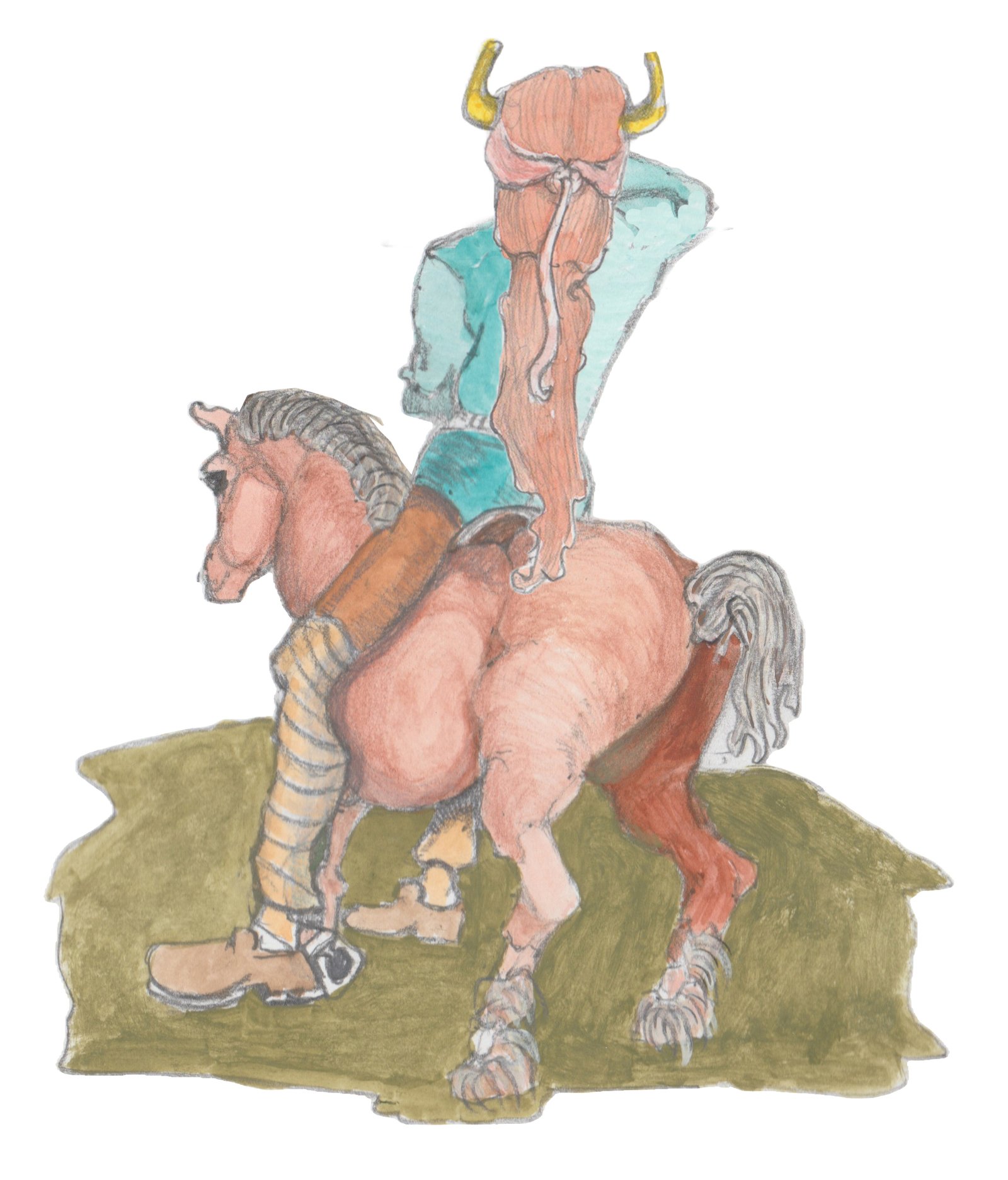A giant Troll dragging his feet on a giant Belgium Draft Horse.
