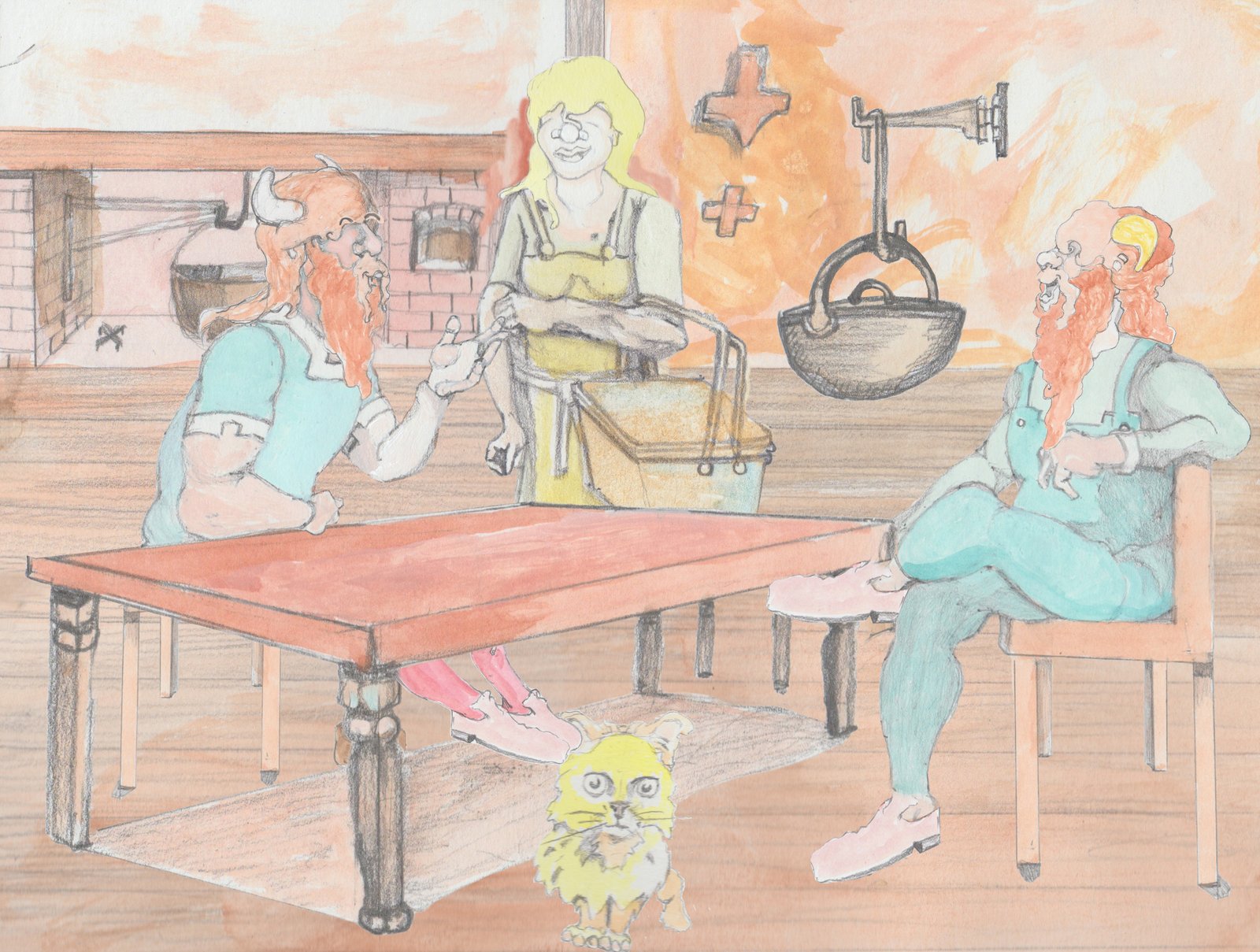 Bjorn sitting at table looking at Gramps with Helgi looking at him holding picnic basket.