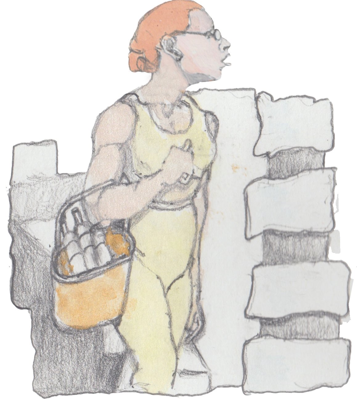 Peggy in green dress walking down stairs next to the mine with a basket of bottles with her hair up.