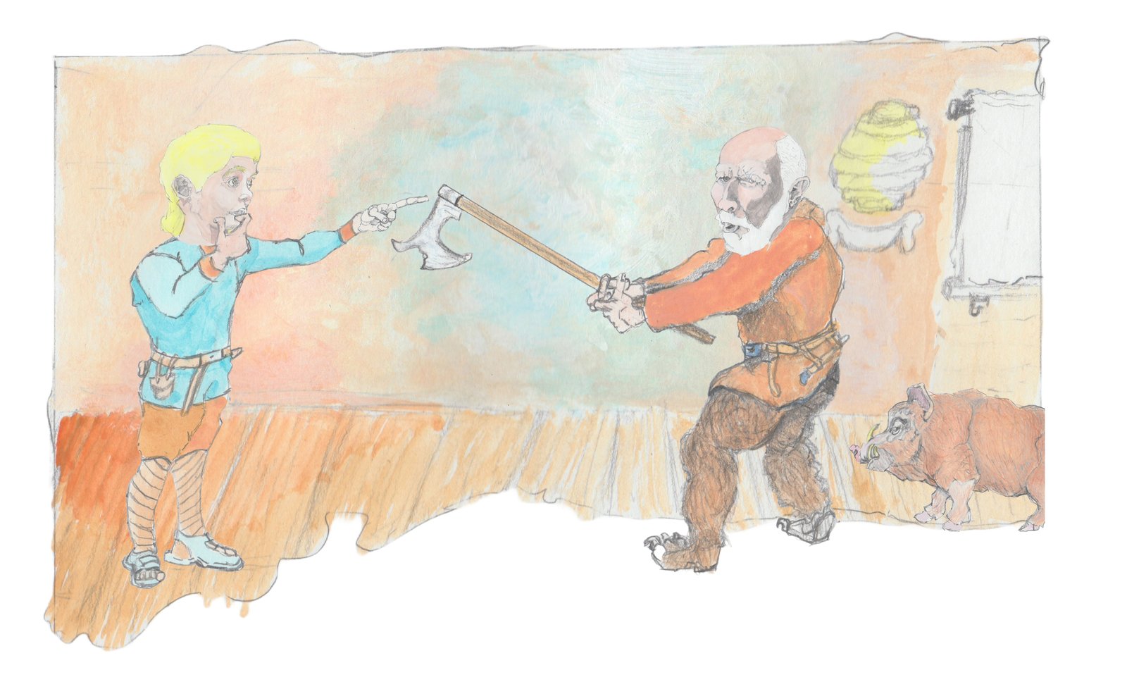 Grandfather try to cleave his grandson who stops his blade with his little finger.