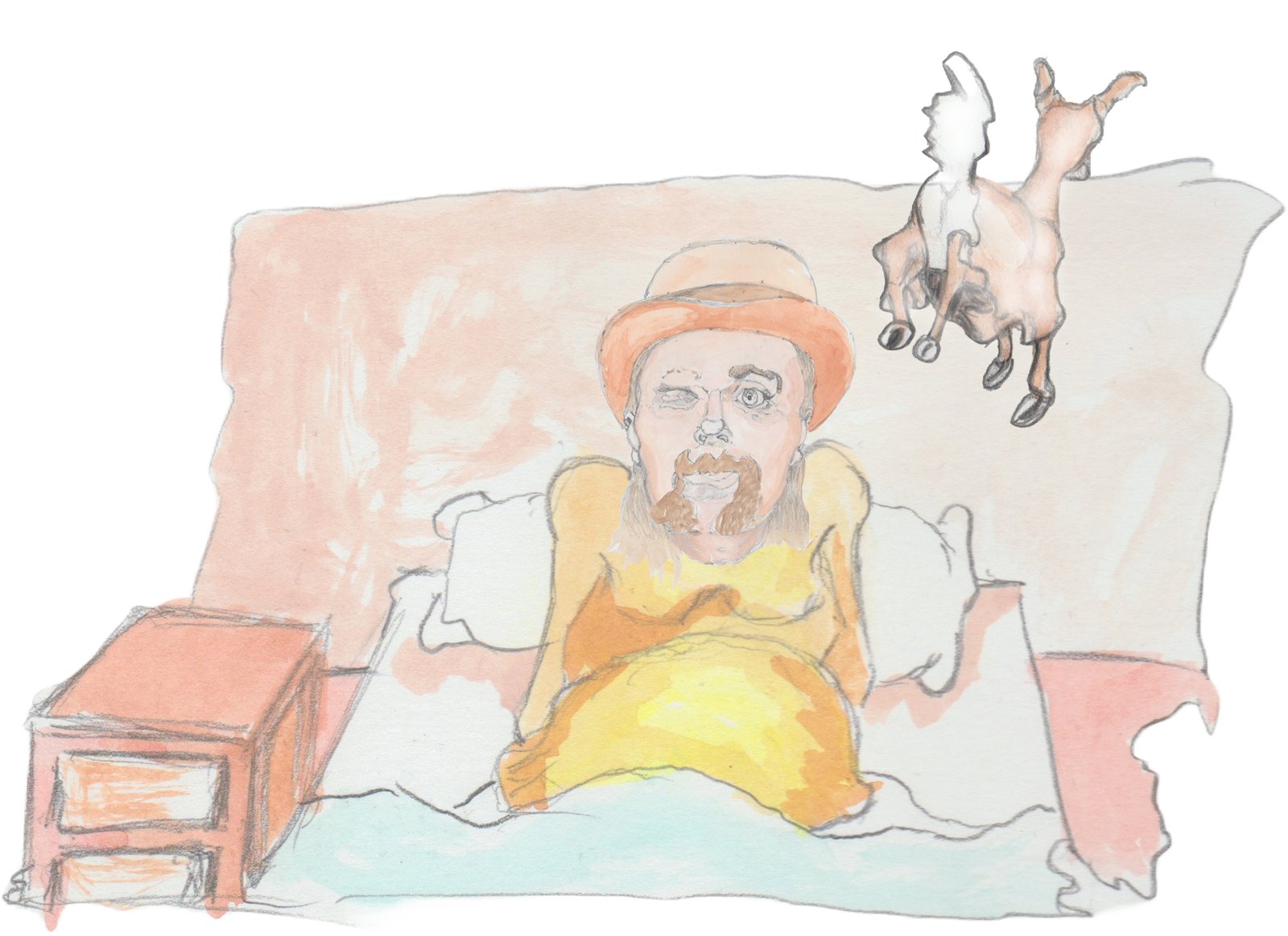 Hulton waking up from a dream of a white deer running through it.