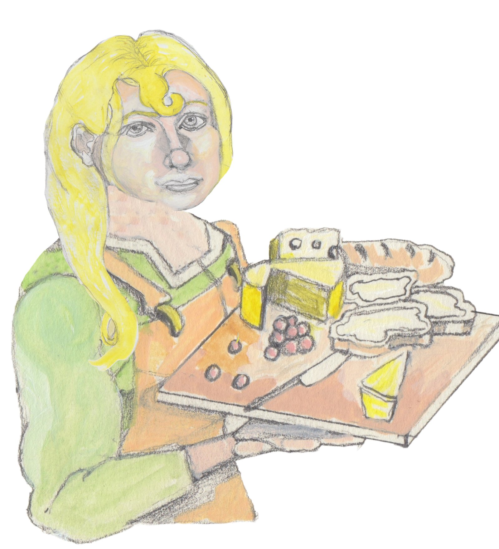 Helgi carrying a board of bread, cheese, and grapes.