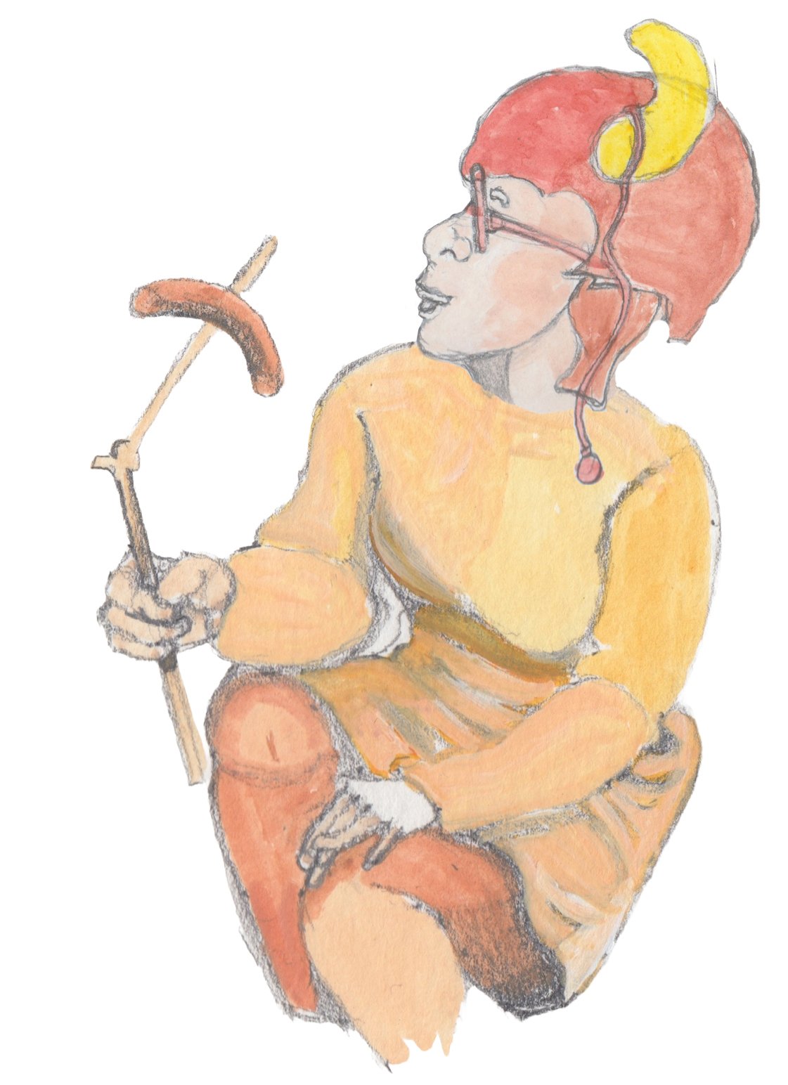 Angroboda kneeling with a sausage on a stick ready to cook on the fire.