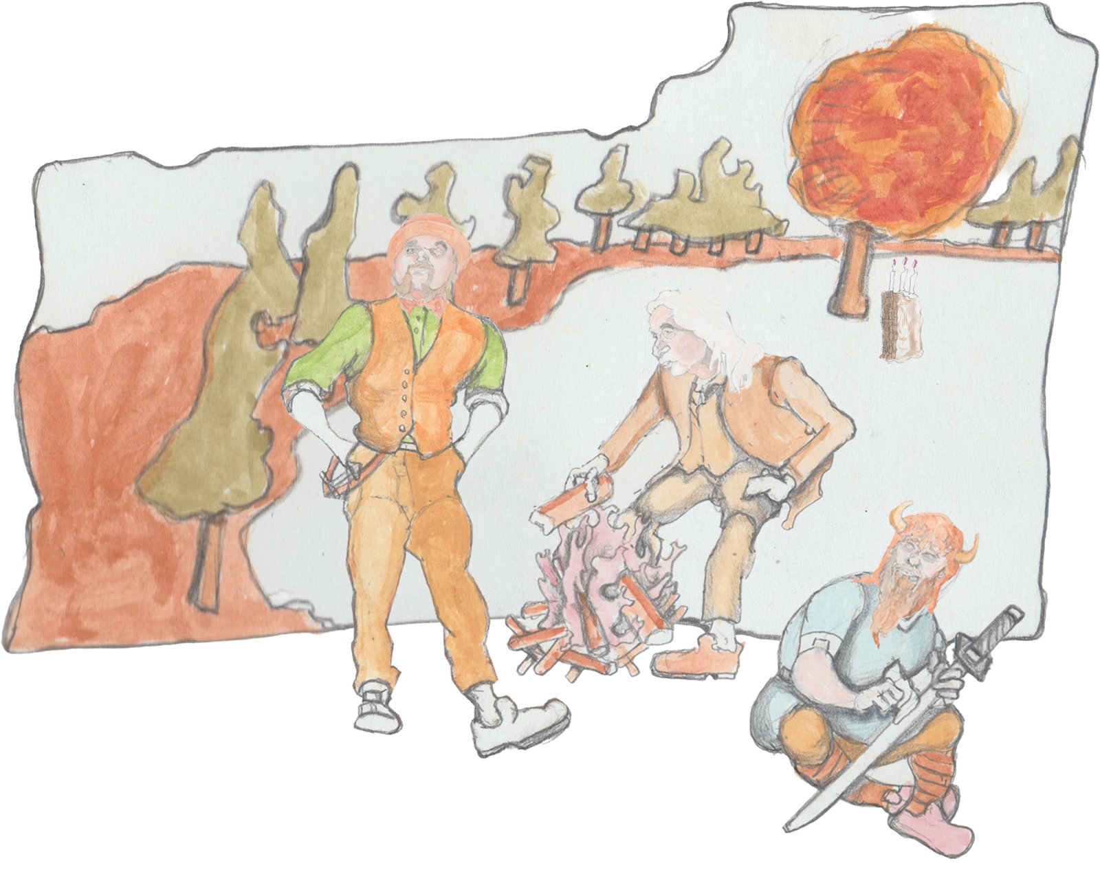 Angrboda with one hand on hip and the other pointing up with a tree behind her and forest further behind.