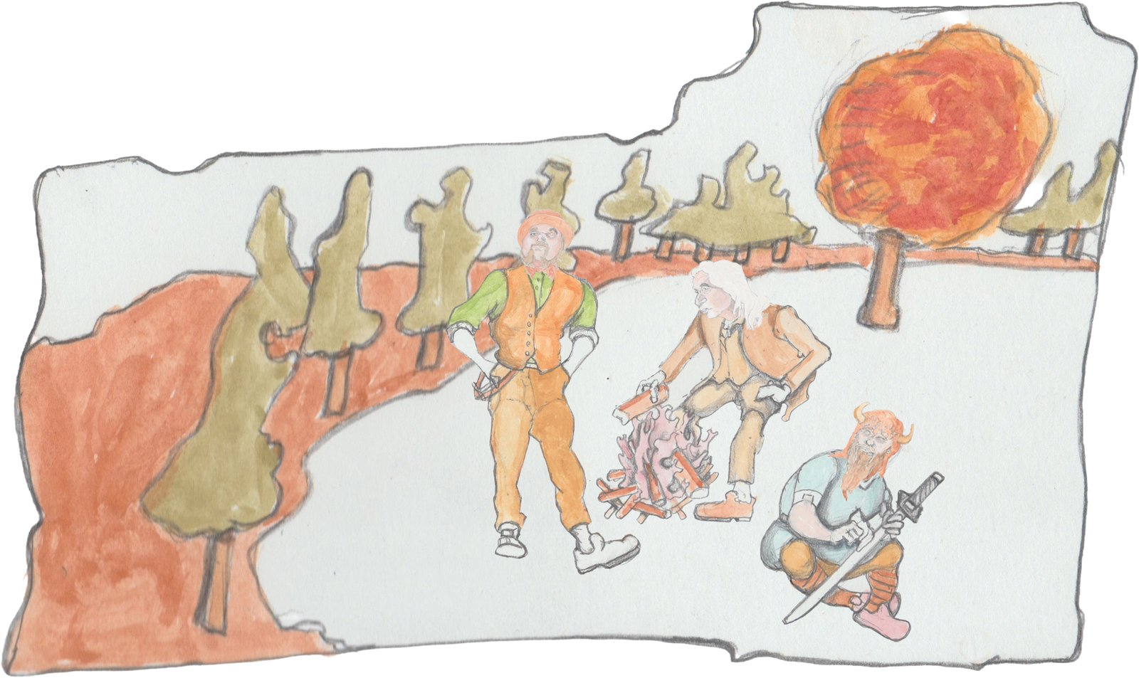 Bjorn, Pops, and Hulton in clearing in the woods with a campfire.