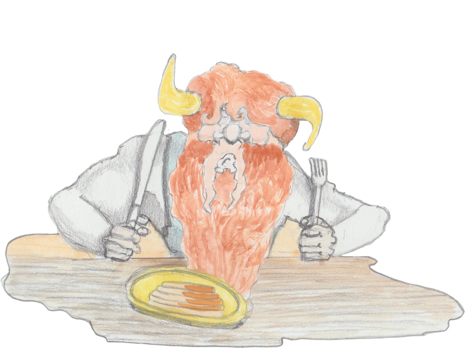 Gramps looking fierce slamming ilverware on table.