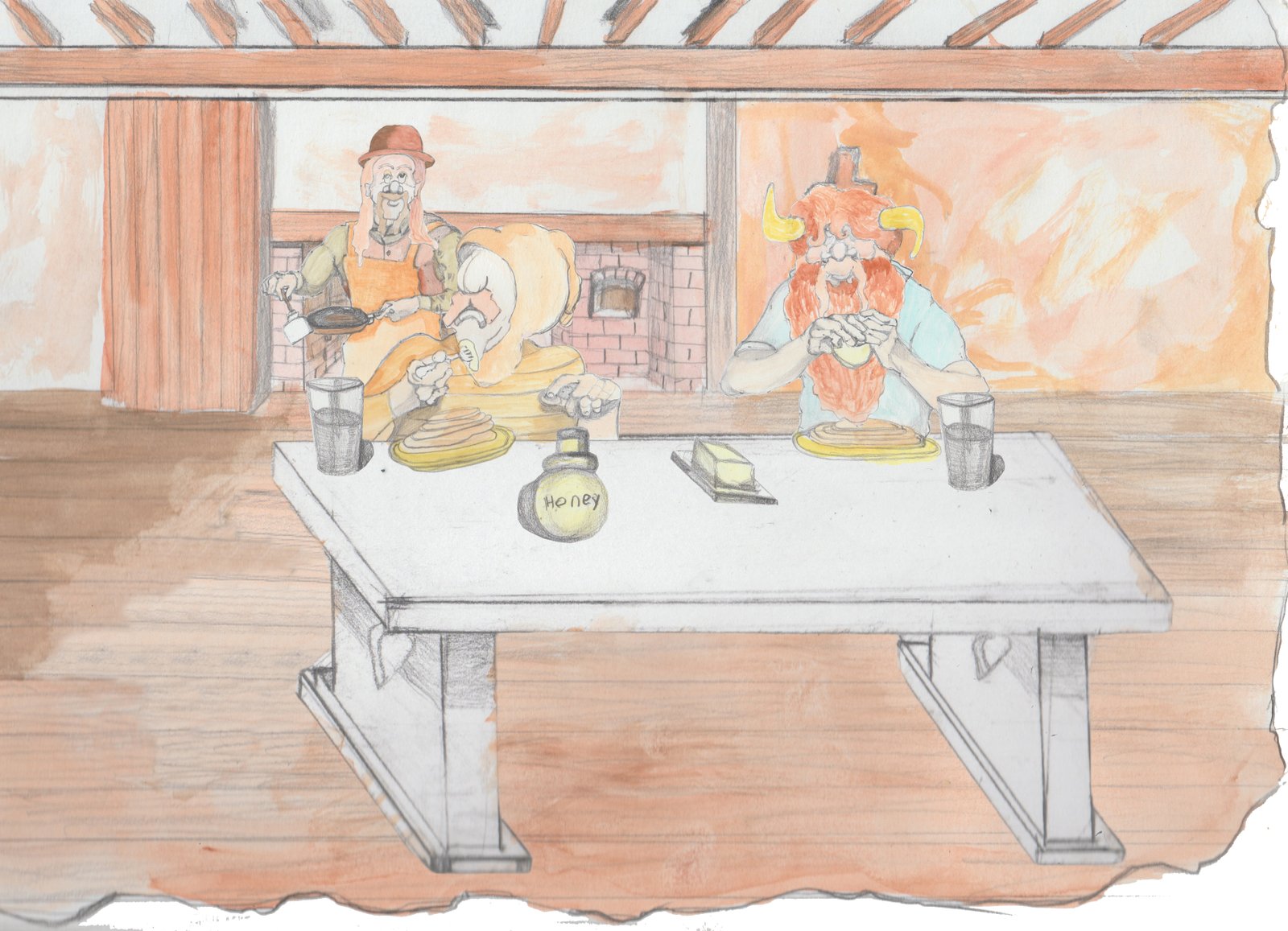 Hulton serving pancake out of frying pan behind Karl and Gramps with fireplace in background. Karl is hording the honey.