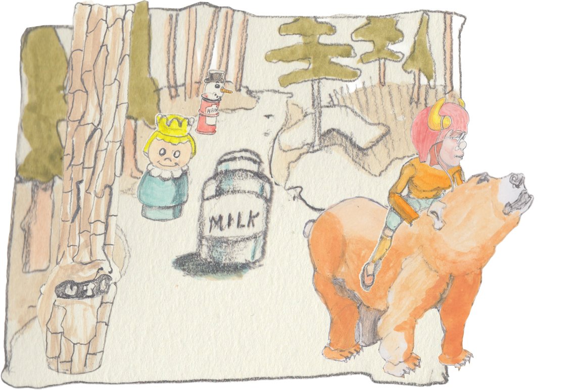 Angrboda riding Bosco the Bear past an old tin milk can, a giant Peoples toy, and a snowman head on top of an oild drum of Heinz ketchup within the Pines.