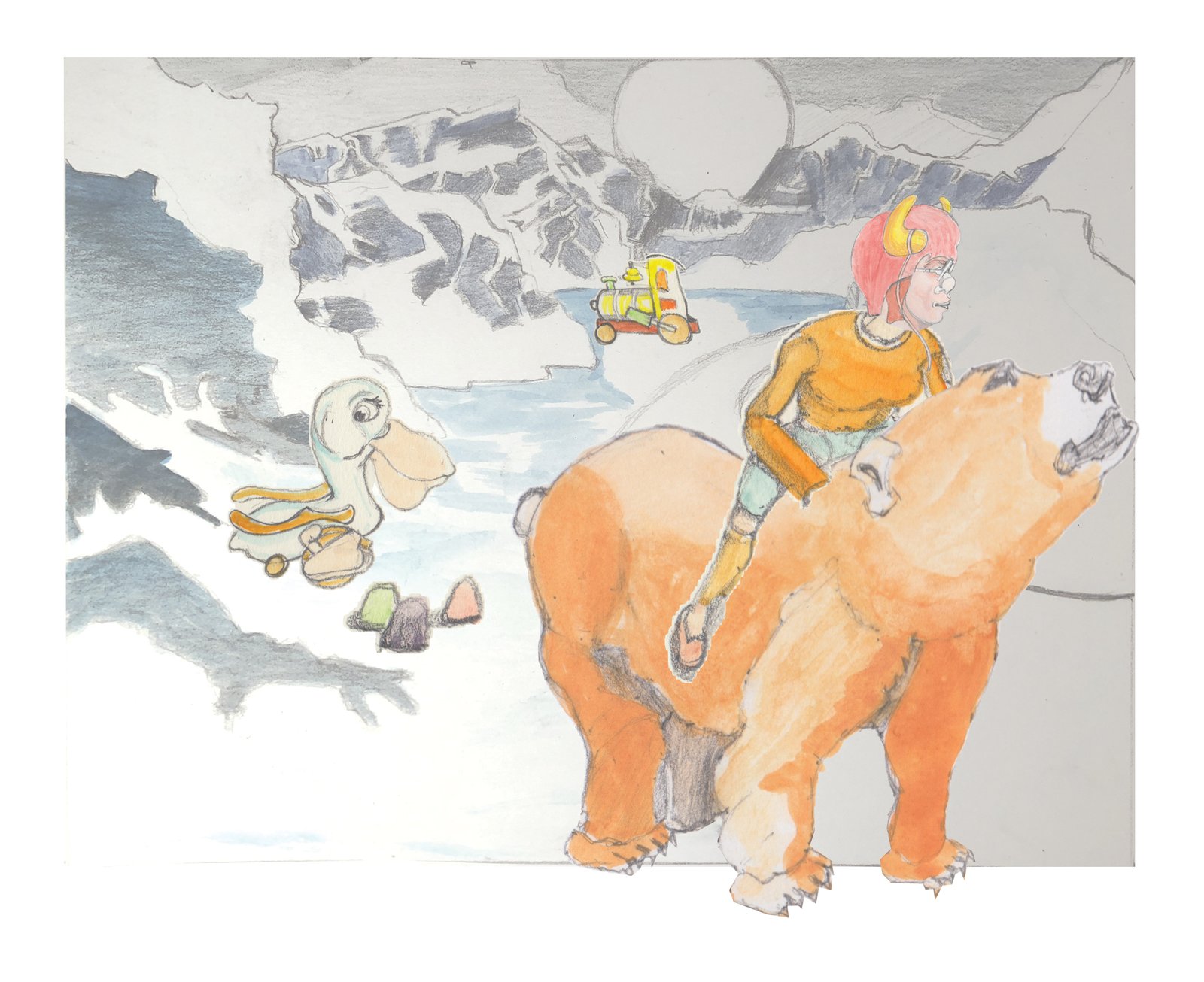 he duo has omehow ended up in an icy mounain pass with a toy wooden gull, ome gumdrop strewn about, and a toy train running in the distance.