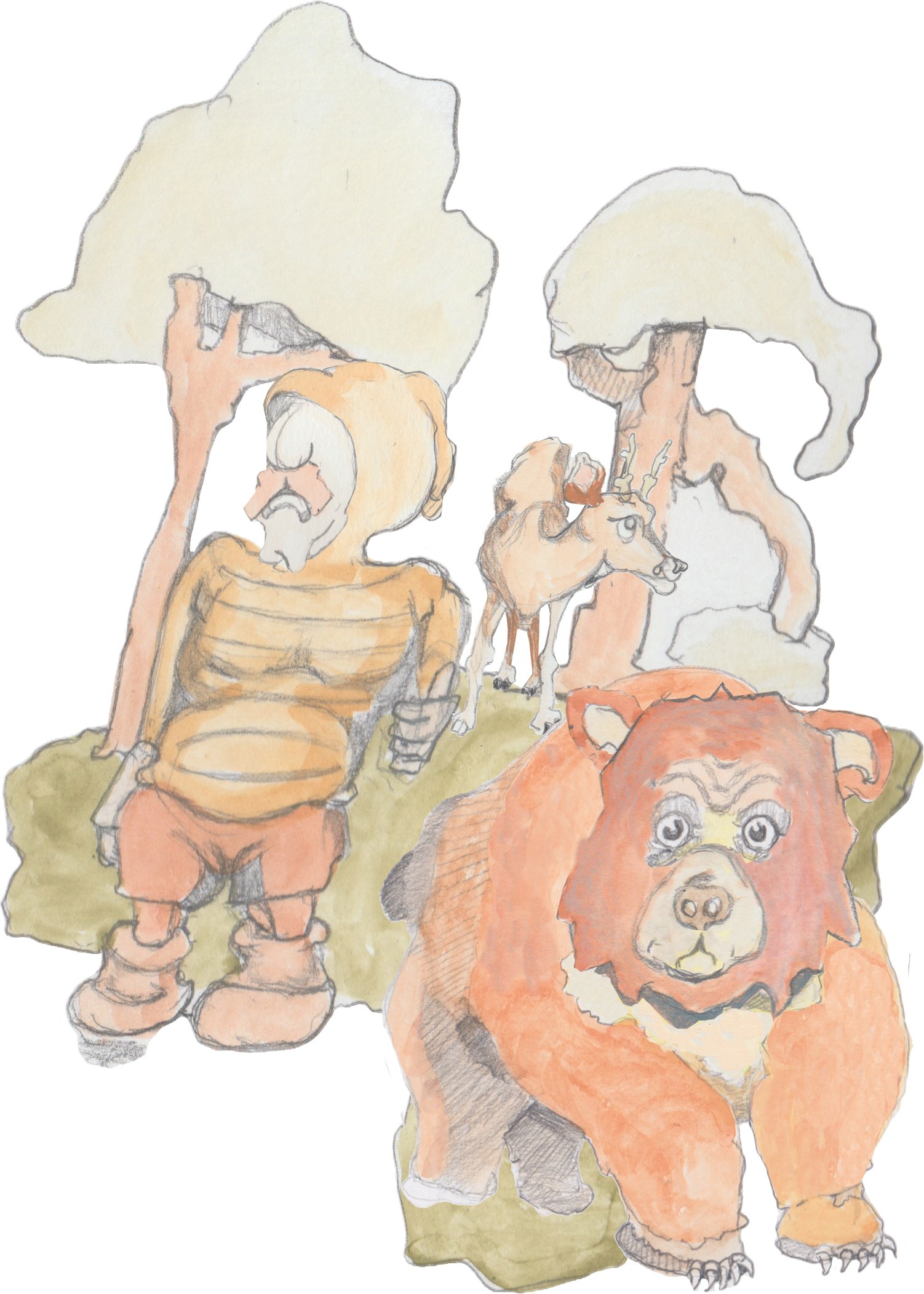 Karl and Boco the bear walking in forest with Nobbi the deer behind them.