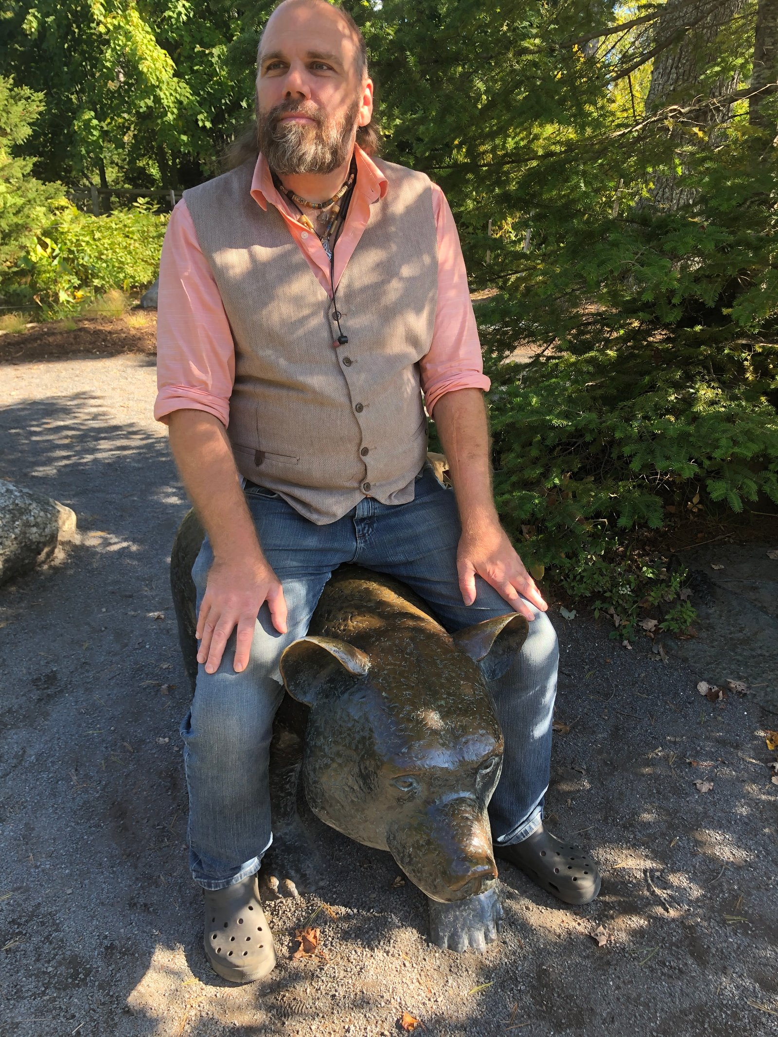 Chri Dowgin sitting on Sal the Bear who likes blueberries.