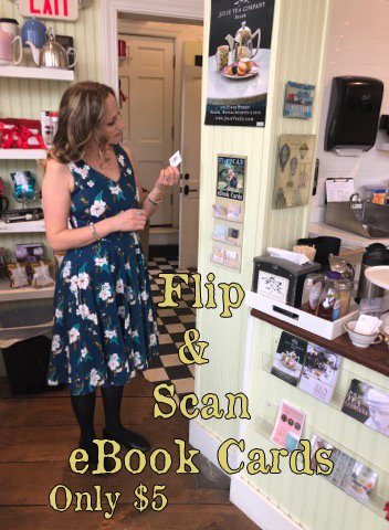 Woman buying Flip & Scan eBook card at Jolie Tea in Salem