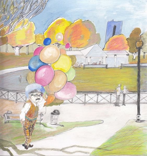 Balloon Seller Frog Pond Boston water color painting