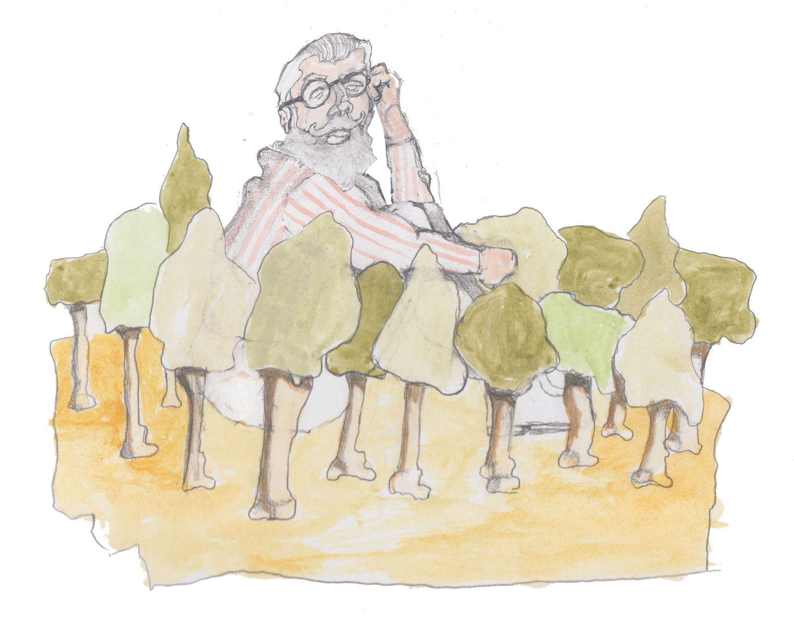 Giant sitting with his knees and head above the forest.