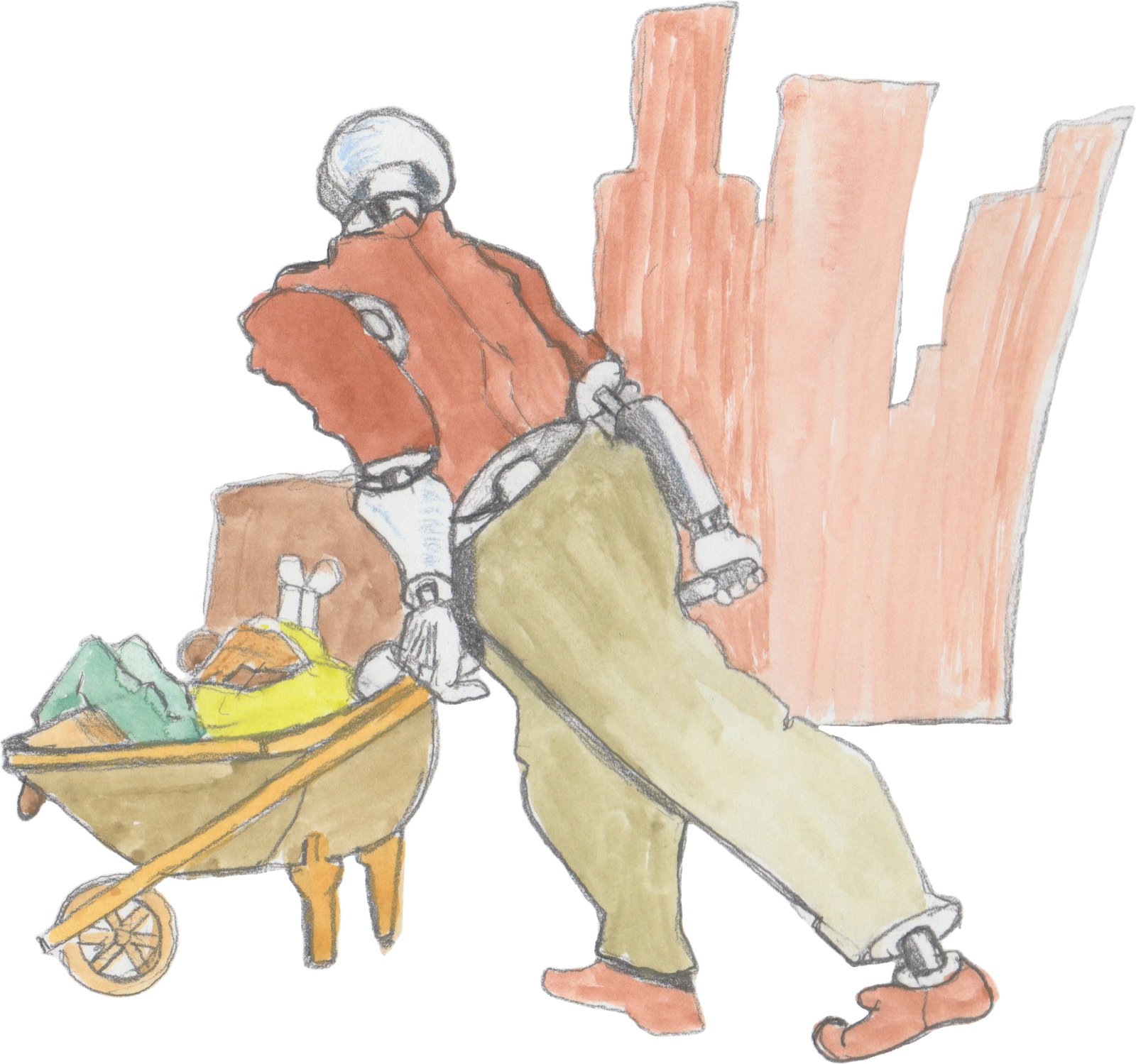 Automaton puhing wheelbarrow filled with dead Older Gods outside a city.