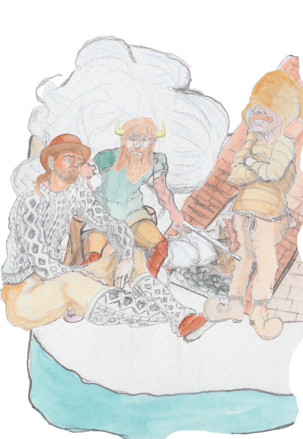 Hulton and Bjorn by furnace moking while Bjorn gives Karl a hotfoot.