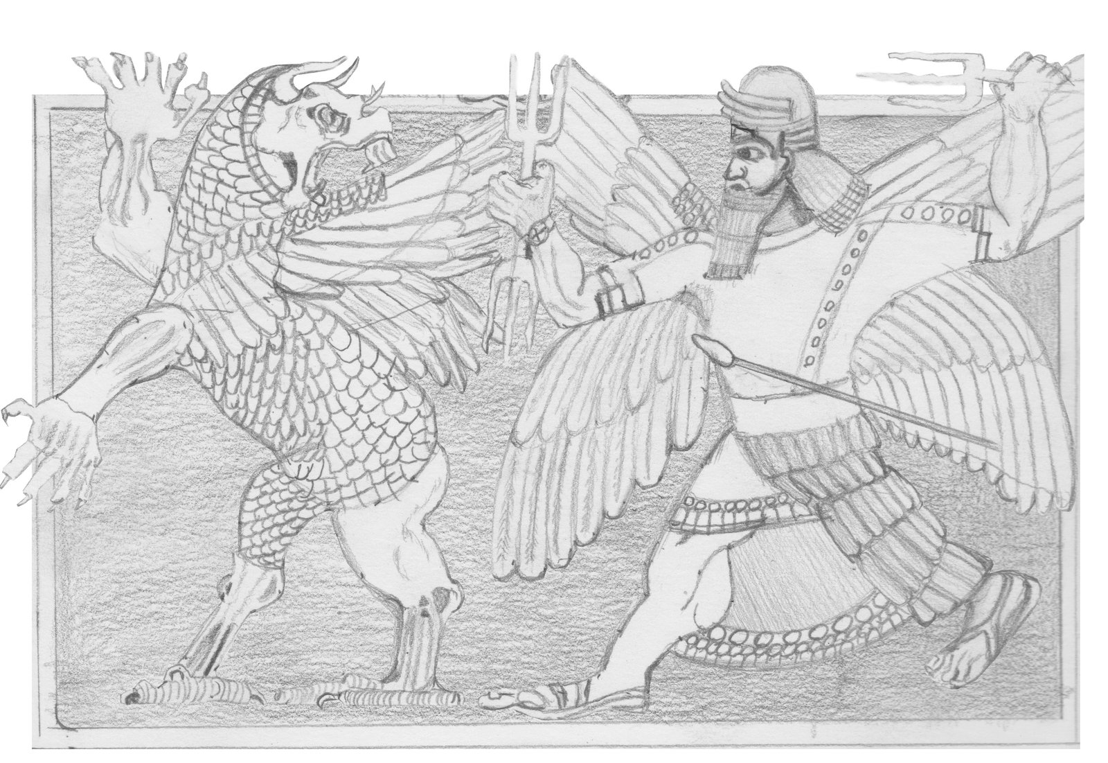 Marduk and Tiamat on an old stone engraving.
