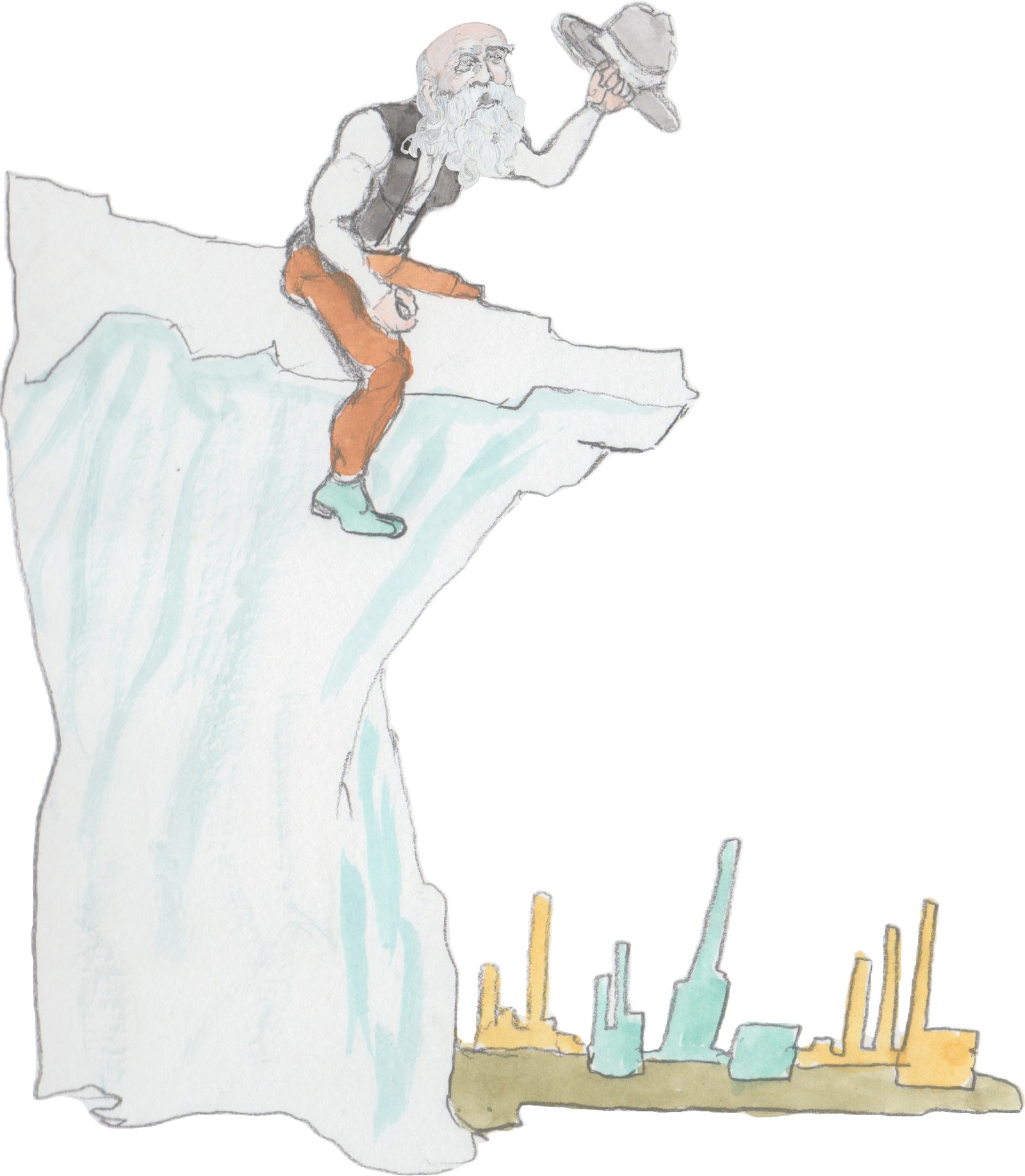 Cowboy riding a glacier a it is moving quickly to a city while he is swinging his hat.