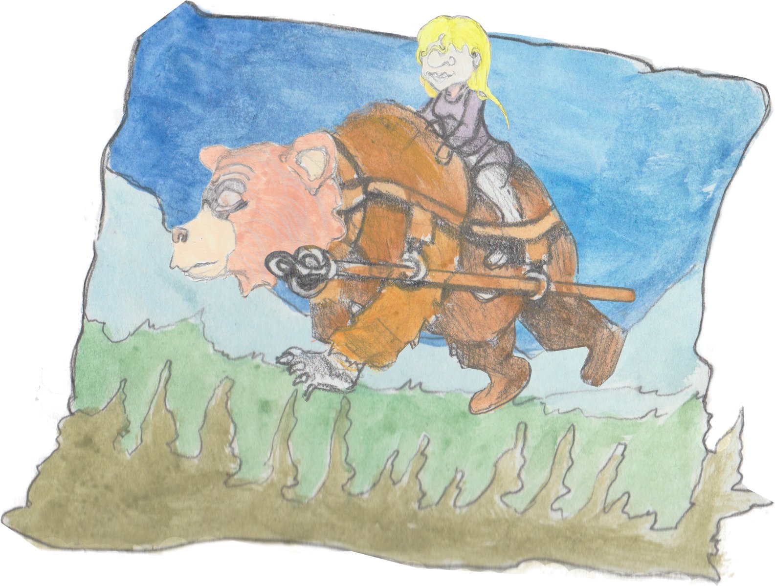 Helgi flying on Bosco over the forest.
