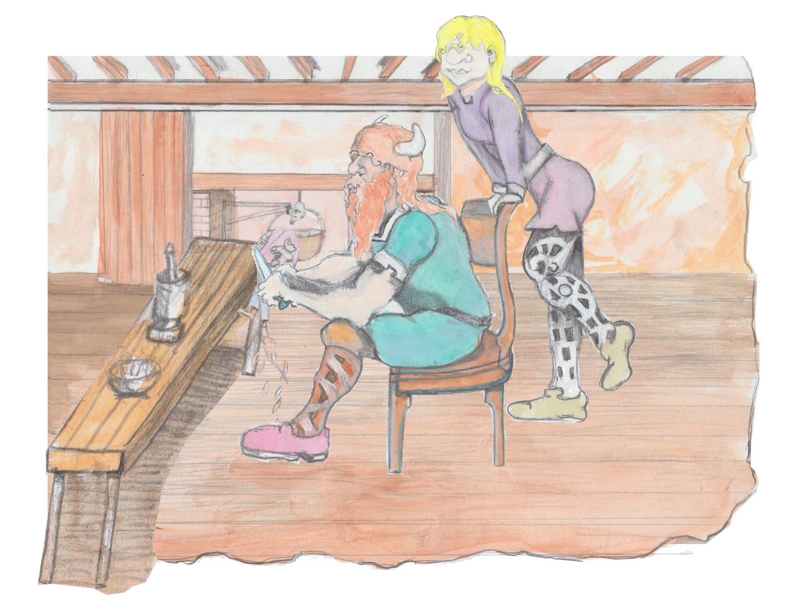 Bjorn whittling with Helgi leaning in on his chair behind him as they are in their living room with fireplace behind them.