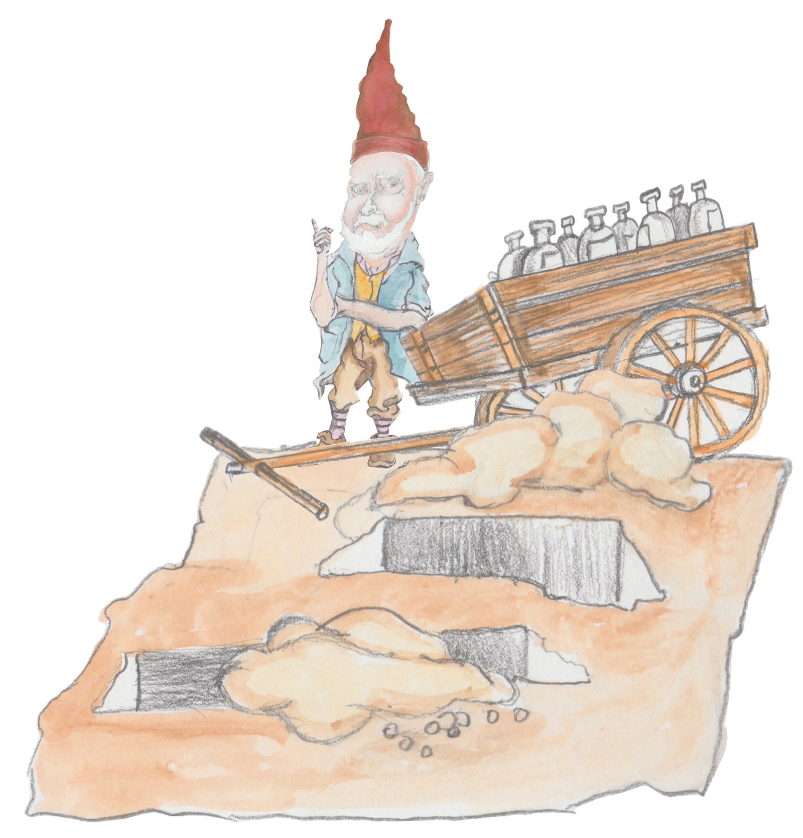 Hulton and Karl are hiding in the holes from the Nisse who is standing by his wagon.