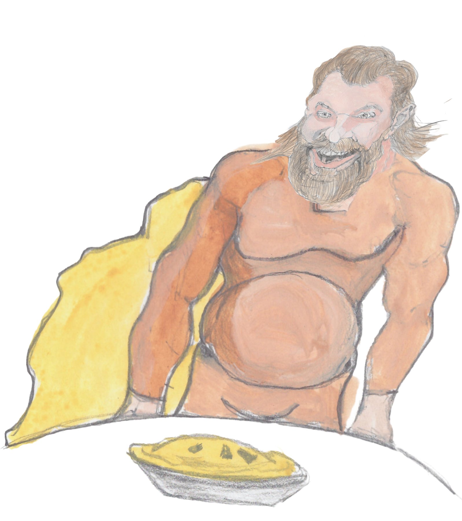 Gusir standing looking down at the pie on the table.