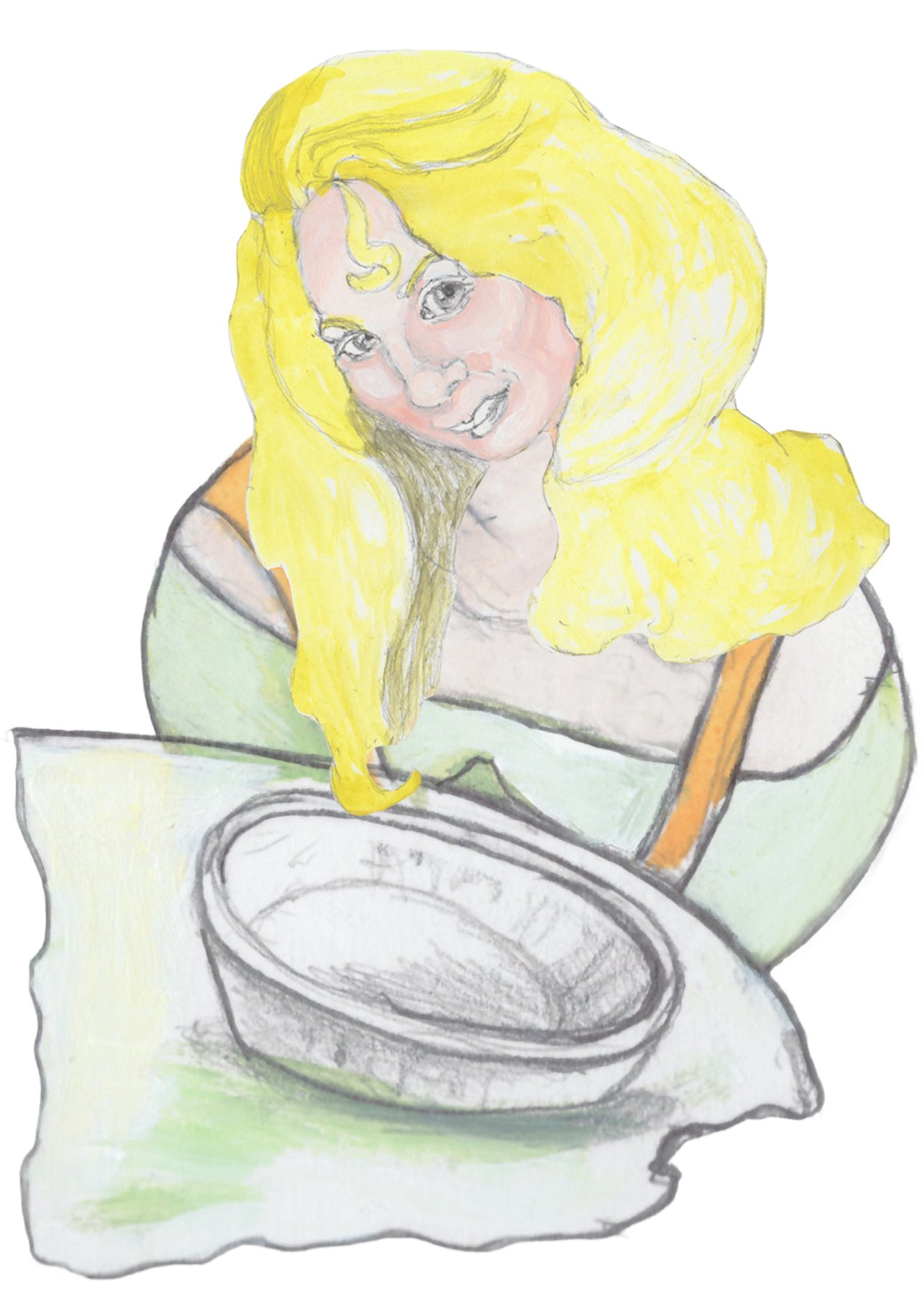 Helgi looking coily over her empty pie plate.