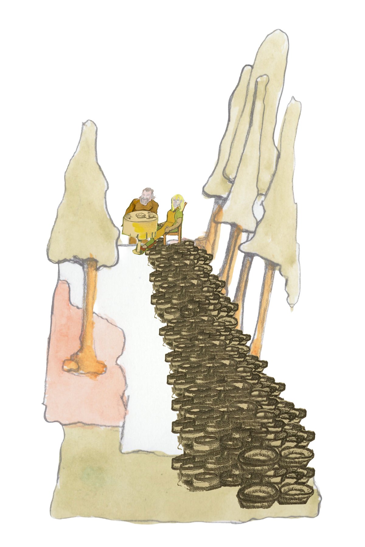 A pile of pies running down the mountain.