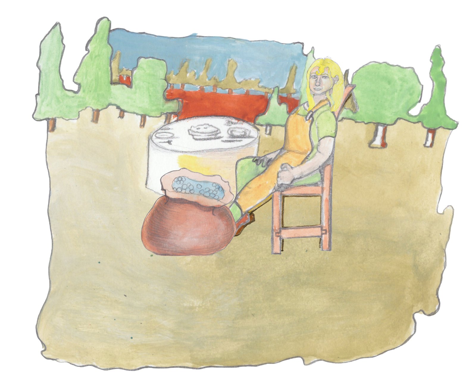 Helgi leaning back from table with pie on it on top of the Forked River Mountain with a bag in front of her.