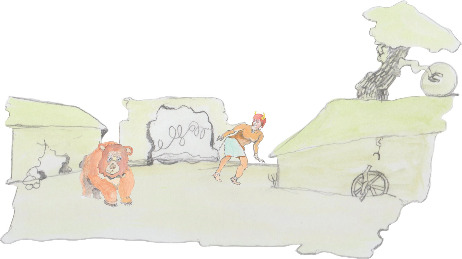 Bosco the bear and Angroboda walking through WWII France after a helling inspired by Snoopy and the Red Barron.