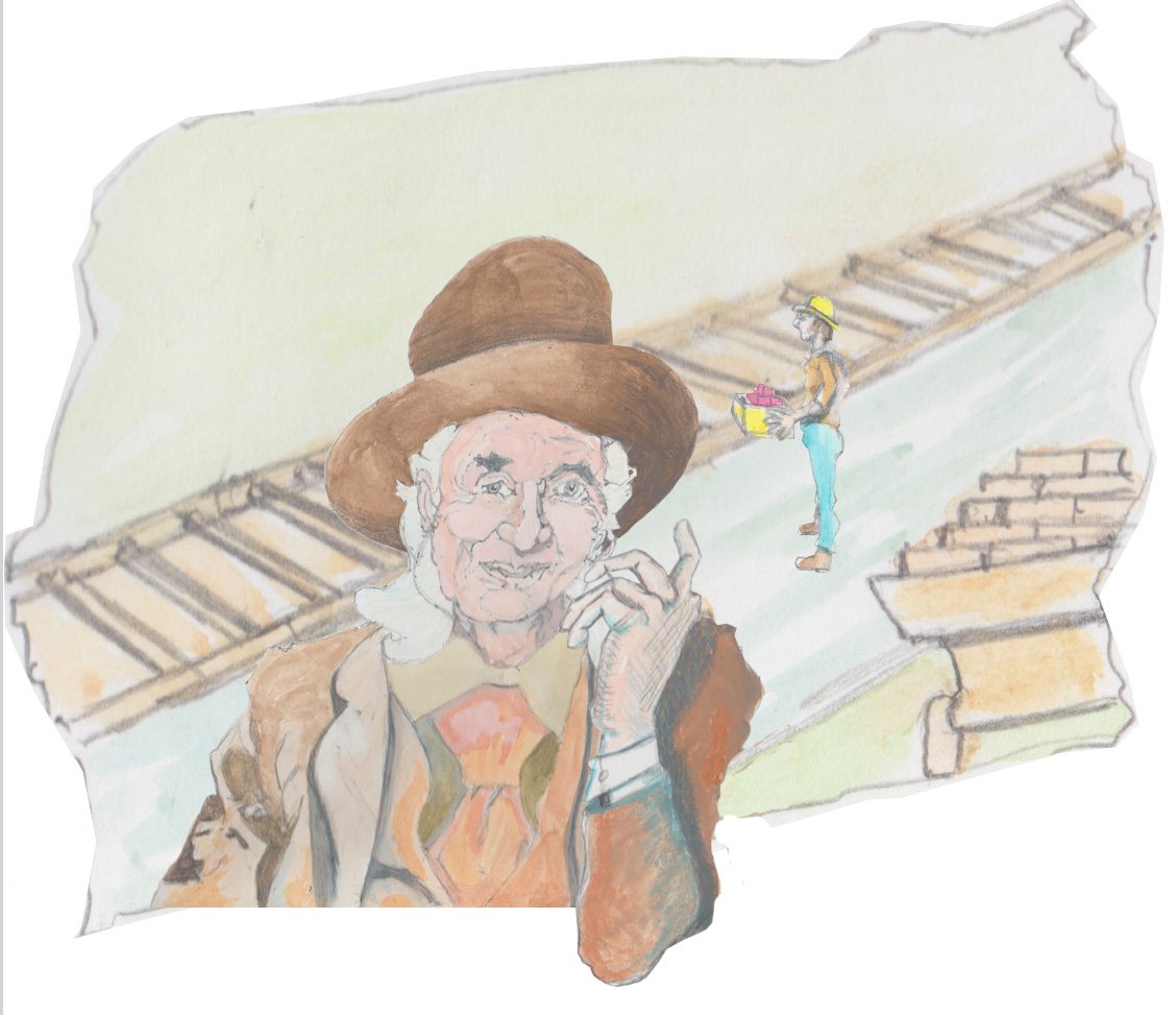 Pops is rambling with an empty railroad track behind him and some workers.