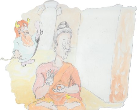 Guatama sitting in front of wall with Bjorn walking by behind him.