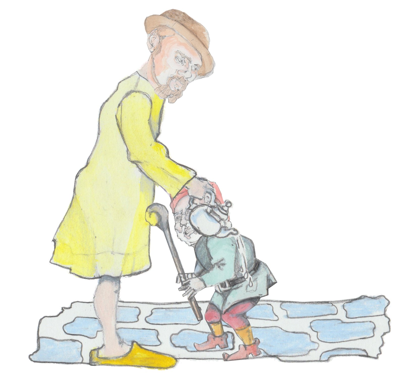 Hulton still in his nightshirt and bowler is pouring hot tea into the little angry Nisse's pocket.