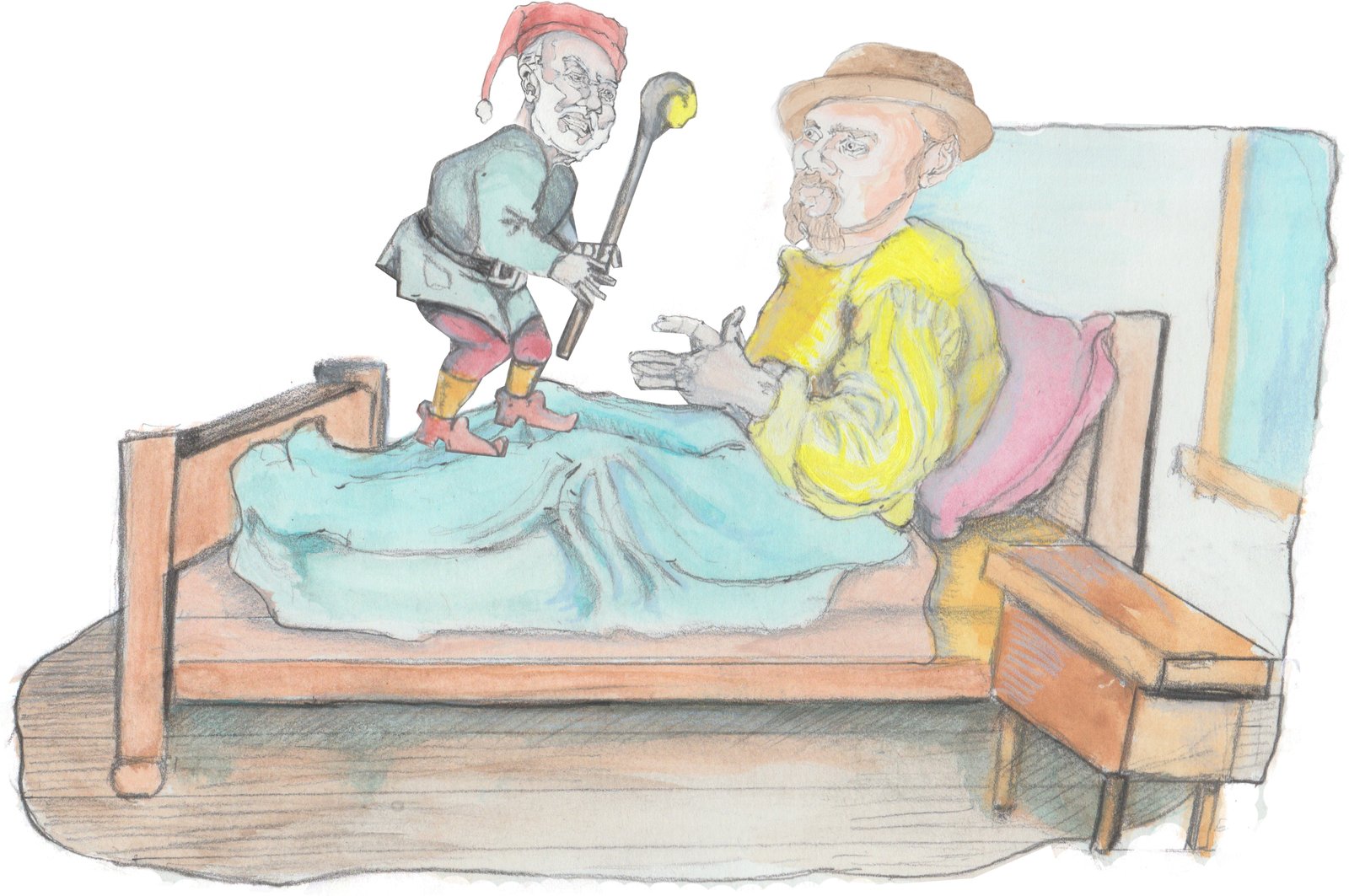 Hulton is looking at a small nisse with a stick standing on his legs looking angry.