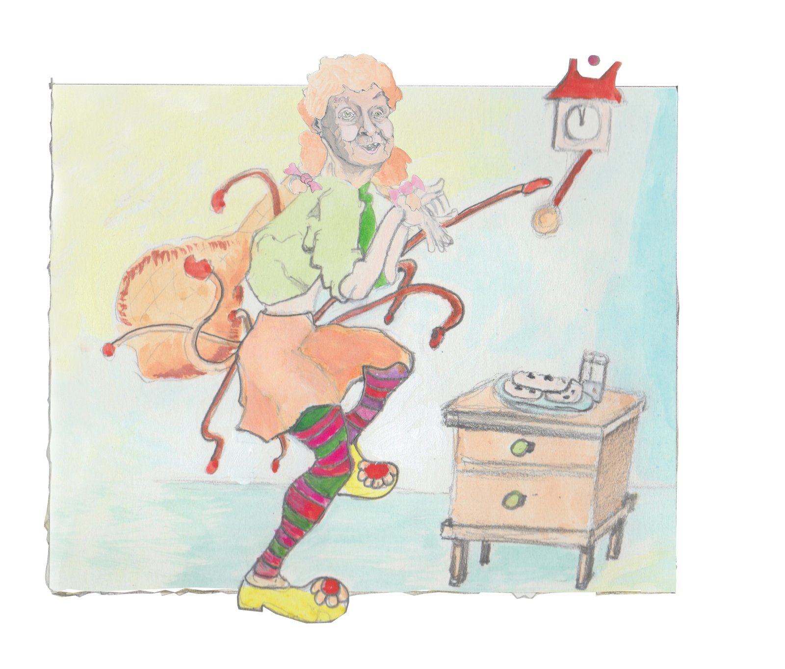 Gryla standing on one leg, with candy stripped stockings, a half shirt, wild red hair and nine tails with a coockoo clock behind her.